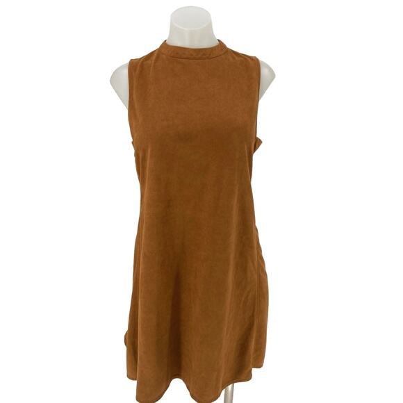 She + sky Brown Faux Suede Sleeveless Cut-out Mock Neck Back Zip Mini Dress Sz M - Picture 3 of 6